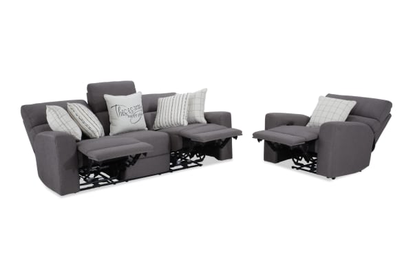 Modern Farmhouse gray 86" power reclining fabric sofa and recliner set with power headrests, USB ports, cupholders, hidden storage, and memory foam cushions.