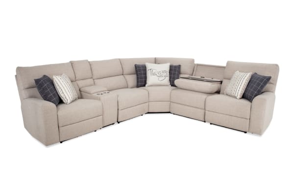 Modern Farmhouse Beige 124'' Power Reclining 6 Piece Sectional with Power Headrest