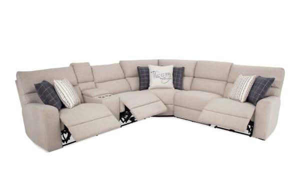 Modern Farmhouse Beige 124'' Power Reclining 6 Piece Sectional with Power Headrest