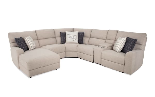 Modern Farmhouse Beige 124'' Power Reclining 6 Piece Left Arm Facing Chaise Sectional with Power Headrest