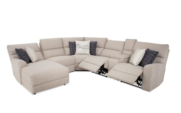 Modern Farmhouse Beige 124'' Power Reclining 6 Piece Left Arm Facing Chaise Sectional with Power Headrest