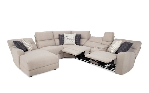 Modern Farmhouse Beige 124'' Power Reclining 6 Piece Left Arm Facing Chaise Sectional with Power Headrest