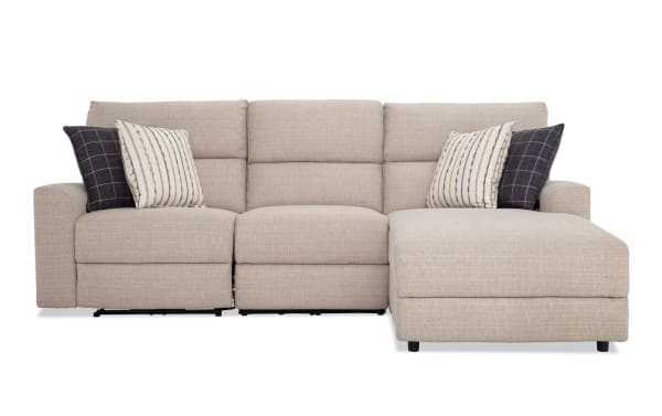 Modern Farmhouse beige 106" power reclining 3-piece sectional with right arm chaise, armless chair, power headrest, polyester fabric, transitional style.