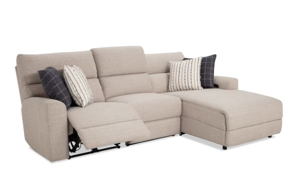 Modern Farmhouse beige 106" power reclining 3-piece sectional with right arm chaise, armless chair, polyester fabric, power headrests, USB ports, and hidden storage.