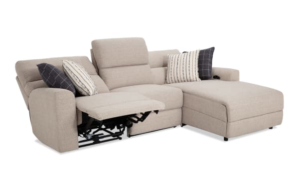 Modern Farmhouse beige 106" power reclining 3-piece sectional with right arm chaise, armless chair, power headrest, polyester fabric, transitional style.
