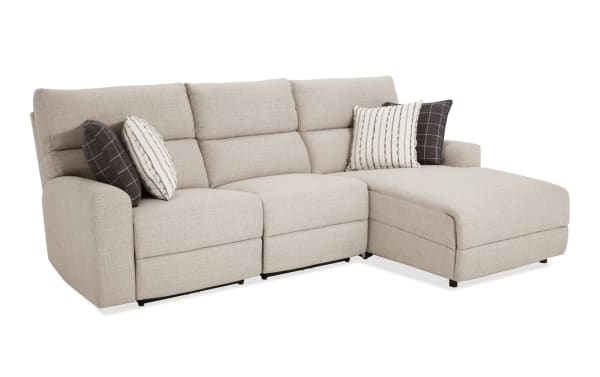 Modern Farmhouse beige 106" fabric polyester sectional with right arm chaise, power reclining seats, power headrests, and transitional style.