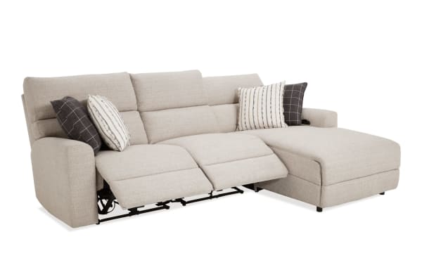 Modern Farmhouse beige 106" fabric polyester sectional with right arm chaise, power reclining seats, power headrests, and transitional style.