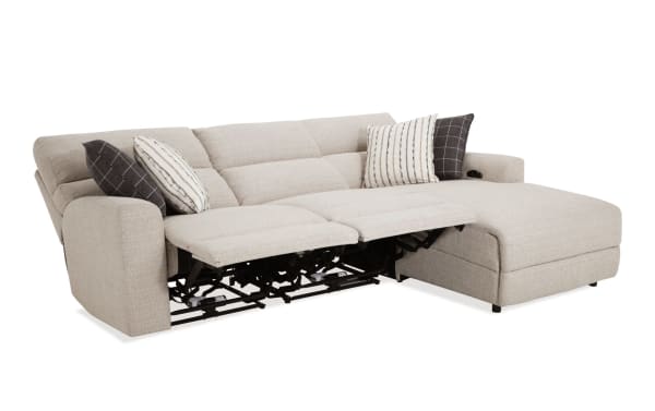 Modern Farmhouse beige 106" power reclining 3-piece sectional with right arm chaise, armless recliner, power headrest, polyester fabric, transitional style, USB ports, cupholders, and hidden storage.