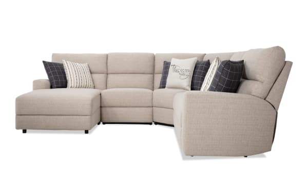 Modern Farmhouse Beige 136'' power reclining 5-piece sectional with left arm chaise, power headrests, USB ports, cupholders, and hidden storage. Upholstered in beige polyester fabric with transitional style, featuring memory foam cushioning for comfort.