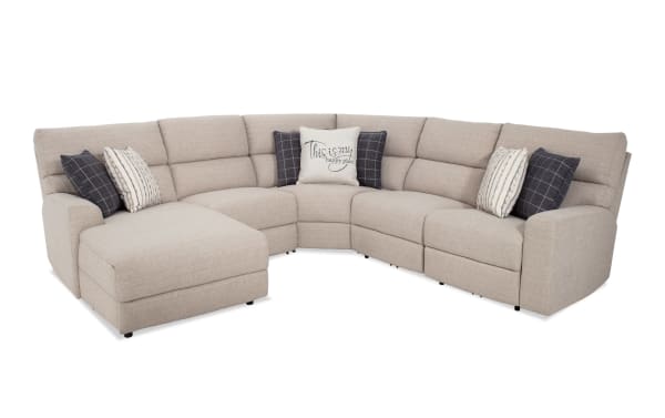 Modern Farmhouse beige 136" power reclining 5-piece sectional with left arm chaise, polyester fabric, power headrests, USB ports, cupholders, and hidden storage.