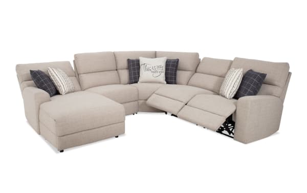 Modern Farmhouse beige 136" fabric polyester sectional with left arm chaise, power reclining seats, headrests, USB ports, cupholders, and storage.