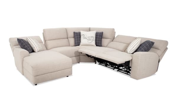 Modern Farmhouse beige 136" power reclining 5-piece sectional with left arm chaise, power headrests, USB ports, cupholders, and polyester fabric upholstery.