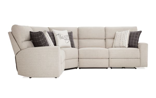 Modern Farmhouse Beige 136'' power reclining 4-piece sectional with power headrests, beige polyester fabric, transitional style, includes plush cushions and decorative pillows.