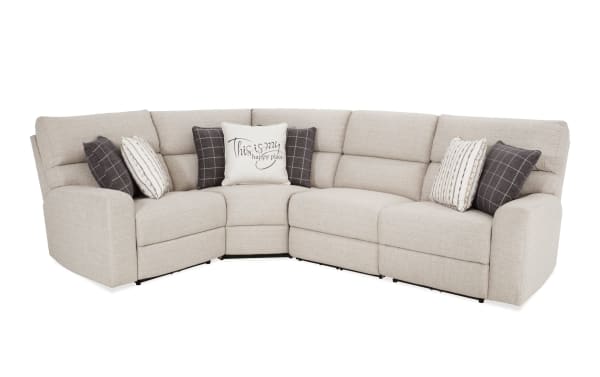 Modern Farmhouse Beige 136'' power reclining 4-piece sectional with power headrests, beige polyester fabric, transitional style, includes decorative pillows.
