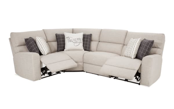 Modern Farmhouse beige 136" power reclining 4-piece sectional with power headrests, polyester fabric upholstery, USB ports, cupholders, and hidden storage.