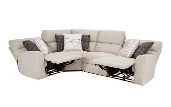 Modern Farmhouse beige 136" power reclining 4-piece sectional with fabric polyester upholstery, power headrests, USB ports, cupholders, and hidden storage.