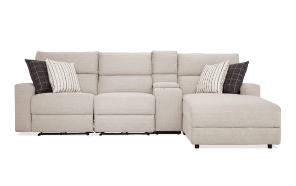 Modern Farmhouse Beige 119'' power reclining 4-piece sectional with right arm chaise, armless chair, fabric polyester upholstery, USB ports, cupholders, and memory foam.