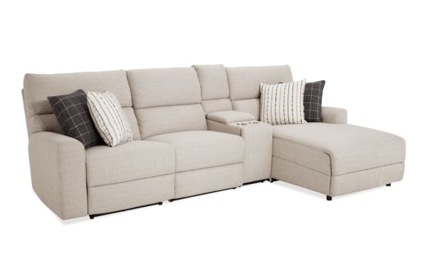 Modern Farmhouse beige 119" power reclining 4-piece sectional with right arm chaise, armless chair, polyester fabric, power headrests, USB ports, cupholders, and hidden storage.