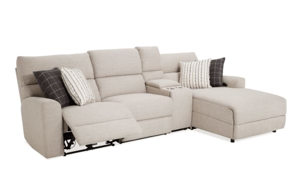 Modern Farmhouse beige 119" fabric polyester sectional with right arm chaise, power reclining seats, power headrests, USB ports, cupholders, and hidden storage.