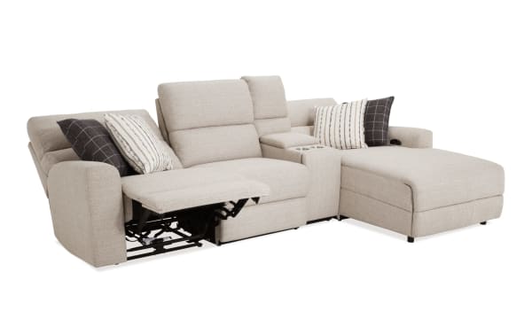Modern Farmhouse beige 119" power reclining 4-piece sectional with right arm chaise, armless chair, power headrest, polyester fabric, cupholders, USB ports, and hidden storage.