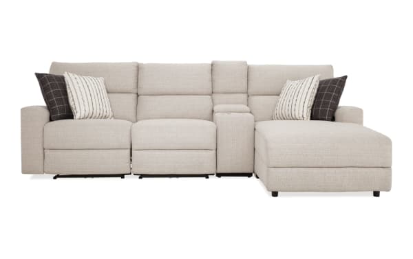Modern Farmhouse beige 119'' fabric polyester sectional with right arm chaise, power reclining seats, power headrest, cupholders, USB ports, and storage.