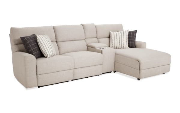 Modern Farmhouse beige 119" power reclining 4-piece sectional with right-arm chaise, armless recliner, power headrest, polyester fabric, USB ports, cupholders, and hidden storage.
