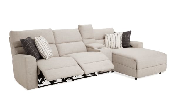 Modern Farmhouse beige 119" transitional fabric polyester sectional with right arm chaise, power reclining seats, headrests, USB ports, cupholders, and storage.
