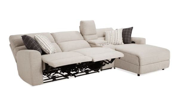 Modern Farmhouse beige 119" power reclining 4-piece sectional with right-arm chaise, armless recliner, power headrest, USB ports, cupholders, and polyester fabric upholstery.