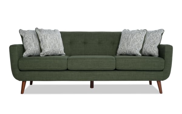 Bettie Avocado 86'' mid-century modern sofa in green polyester fabric with tufted back, track arms, wooden legs, and patterned accent pillows.