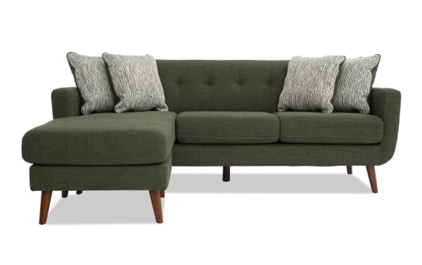 Bettie Avocado 86'' Chofa mid-century modern sectional sofa in green polyester fabric with tufted back, movable chaise, track arms, wooden legs, and four patterned accent pillows.