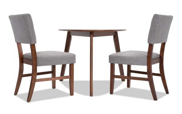 Bettie 3 Piece Walnut & Gray Upholstered Triangle Dining Set with mid-century modern rubberwood frame, gray polyester fabric, and memory foam seats.