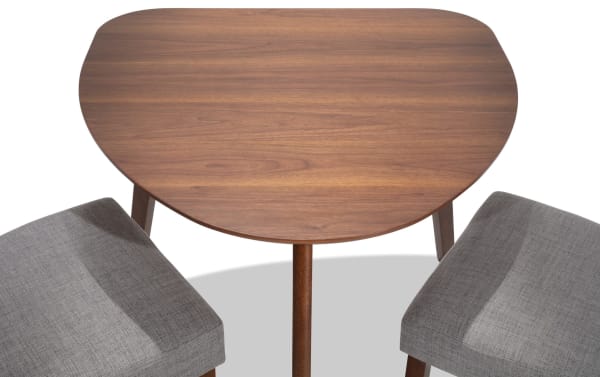 Mid-century modern Bettie 3 Piece Walnut & Gray Upholstered Triangle Dining Set with walnut veneer table and gray polyester fabric seats.