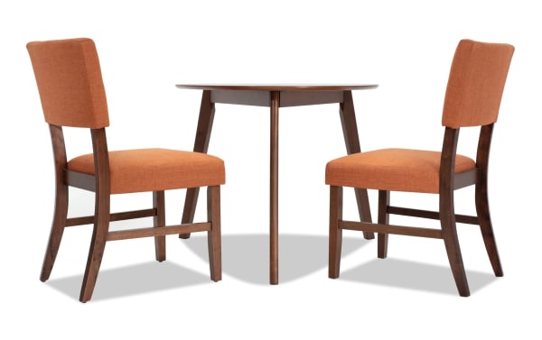 Bettie 3 Piece Walnut & Russet Upholstered Triangle Dining Set with mid-century modern style, russet polyester fabric, walnut veneer table, and memory foam seats