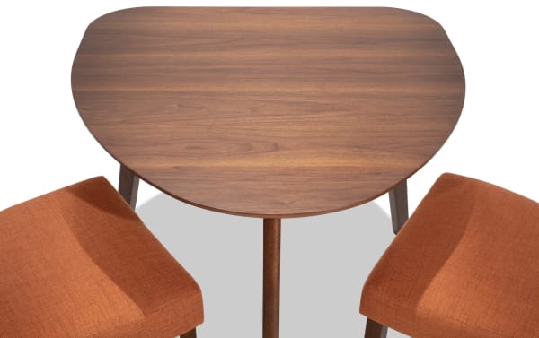 Compact Bettie 3 Piece Walnut & Russet Upholstered Triangle Dining Set with mid-century modern rubberwood table and russet polyester fabric chairs
