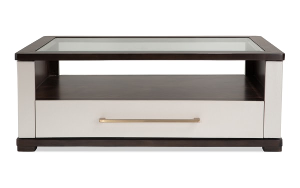 Contempo Ivory & Espresso Storage Coffee Table with tempered glass top, ivory MDF drawer, espresso wood frame, and casters for easy mobility.