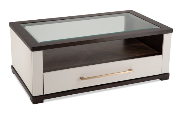 Contempo Ivory & Espresso Storage Coffee Table with tempered glass top, spacious drawer, ivory MDF panels, espresso wood trim, and casters for easy mobility.