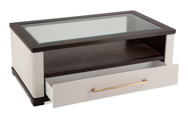 Contempo Ivory & Espresso Storage Coffee Table with tempered glass top, spacious drawer, ivory MDF panels, espresso wood accents, and brass handle.