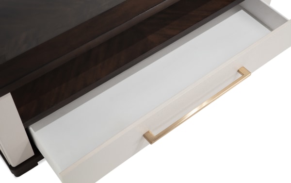 Contempo Ivory & Espresso Storage Coffee Table drawer open, showing spacious white MDF drawer with gold handle, part of contemporary Contempo Entertainment Occasional collection.