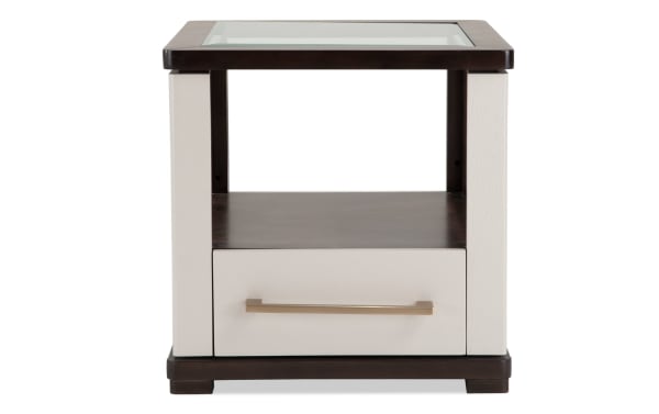 Contempo Ivory & Espresso Storage End Table with tempered glass top, spacious drawer, ivory MDF frame, espresso wood accents, and casters for mobility.