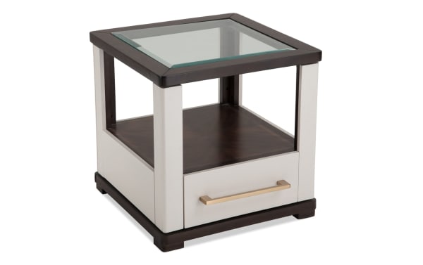 Contempo Ivory & Espresso Storage End Table with tempered glass top, spacious drawer, casters, and contemporary MDF frame in ivory and espresso finish.