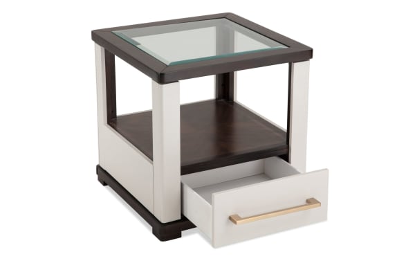 Contempo Ivory & Espresso Storage End Table with tempered glass top, spacious drawer, casters, and contemporary ivory MDF and espresso wood frame.