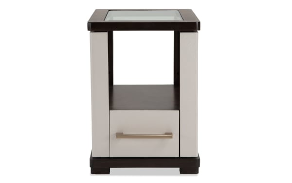 Contempo Ivory & Espresso Storage Chairside Table with tempered glass top, ivory MDF frame, espresso shelf, USB/USB-C ports, drawer, and casters.