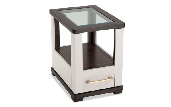 Contempo Ivory & Espresso Storage Chairside Table with tempered glass top, MDF frame, spacious drawer, USB/USB-C ports, casters, contemporary style.