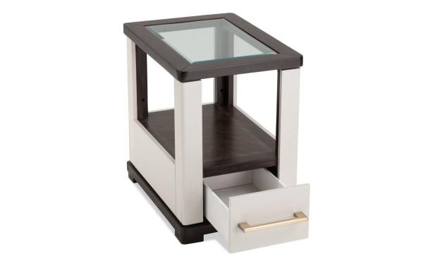 Contempo Ivory & Espresso Storage Chairside Table with tempered glass top, spacious drawer, USB/USB-C ports, casters, MDF and glass materials, contemporary style.