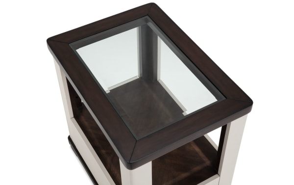Contempo Ivory & Espresso Storage Chairside Table with tempered glass top, espresso wood frame, ivory MDF sides, USB/USB-C ports, and caster wheels.