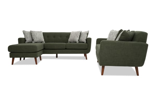 Bettie Avocado 86'' Chofa & 65'' Loveseat set in avocado green polyester fabric, mid-century modern style with tufted backs, track arms, wooden legs, and reversible chaise.