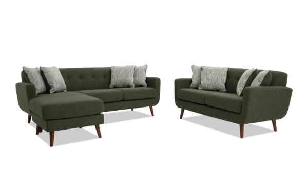 Bettie Avocado 86'' Chofa & 65'' Loveseat set in mid-century modern style with avocado green 100% polyester fabric, tufted seat backs, track arms, wooden legs, and reversible chaise.