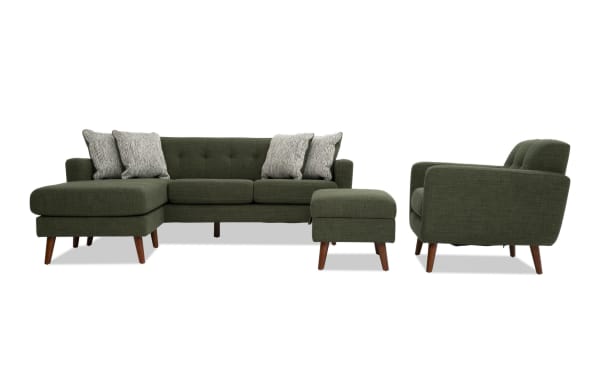 Bettie Avocado 86'' Chofa, Chair & Storage Ottoman set in avocado green polyester fabric. Mid-century modern style with tufted seat backs, track arms, flared wooden legs, movable chaise, memory foam cushions, and storage ottoman.