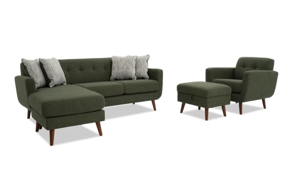 Bettie Avocado 86'' Chofa, Chair & Storage Ottoman set in mid-century modern style with avocado green polyester fabric, tufted backs, wooden legs, movable chaise, and storage ottoman.
