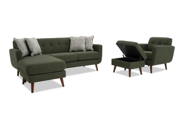 Bettie Avocado 86'' Chofa, Chair & Storage Ottoman set in green polyester fabric. Mid-century modern style with tufted backs, track arms, wooden legs, movable chaise, and storage ottoman. Includes memory foam cushions and four patterned accent pillows.